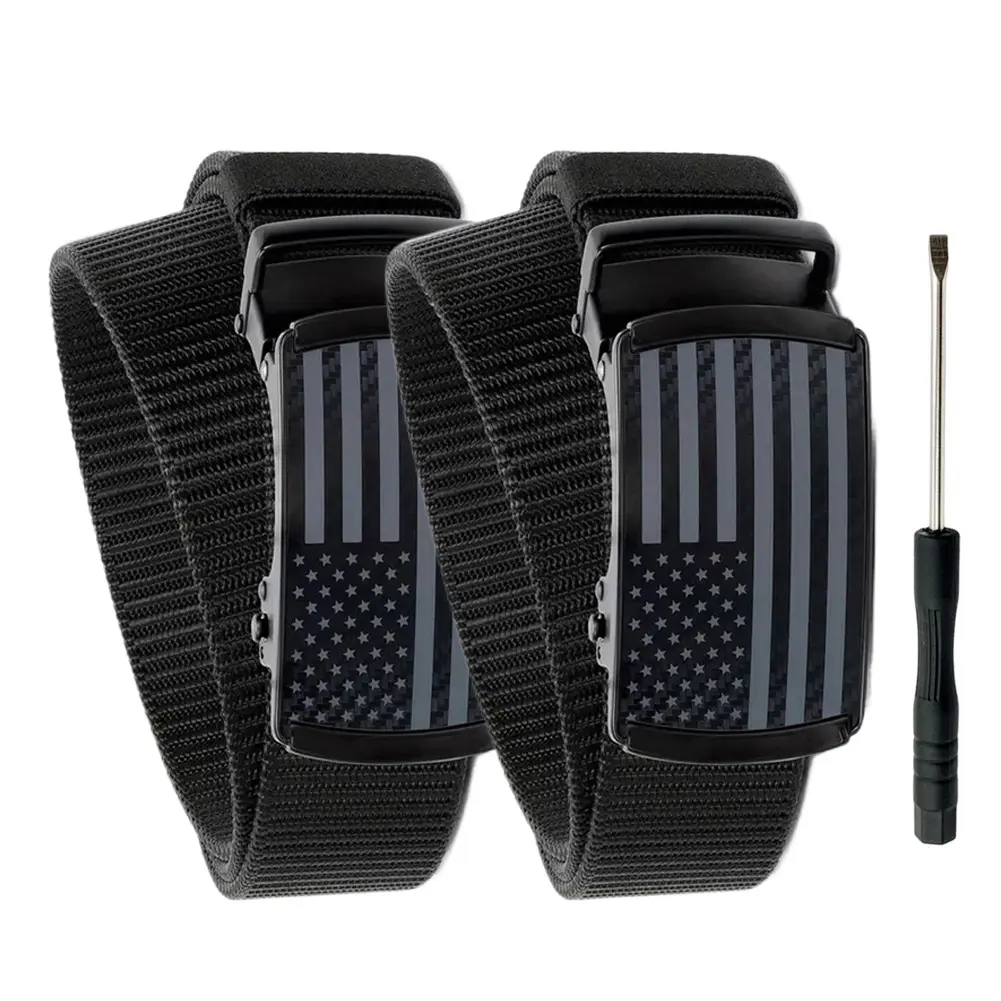 Men's Heavy Duty Nylon Ratchet Auto Buckle Belts 2-Pack, Multi-Size American Flag Print Tactical Work Belts, Male, Tactical Look