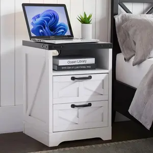 Garvee Modern Farmhouse Style Nightstand, USB Charging Station and Bedroom Outlet, White Industrial Nightstand with 2 Drawers, Sturdy Engineered Wood Side Table, White