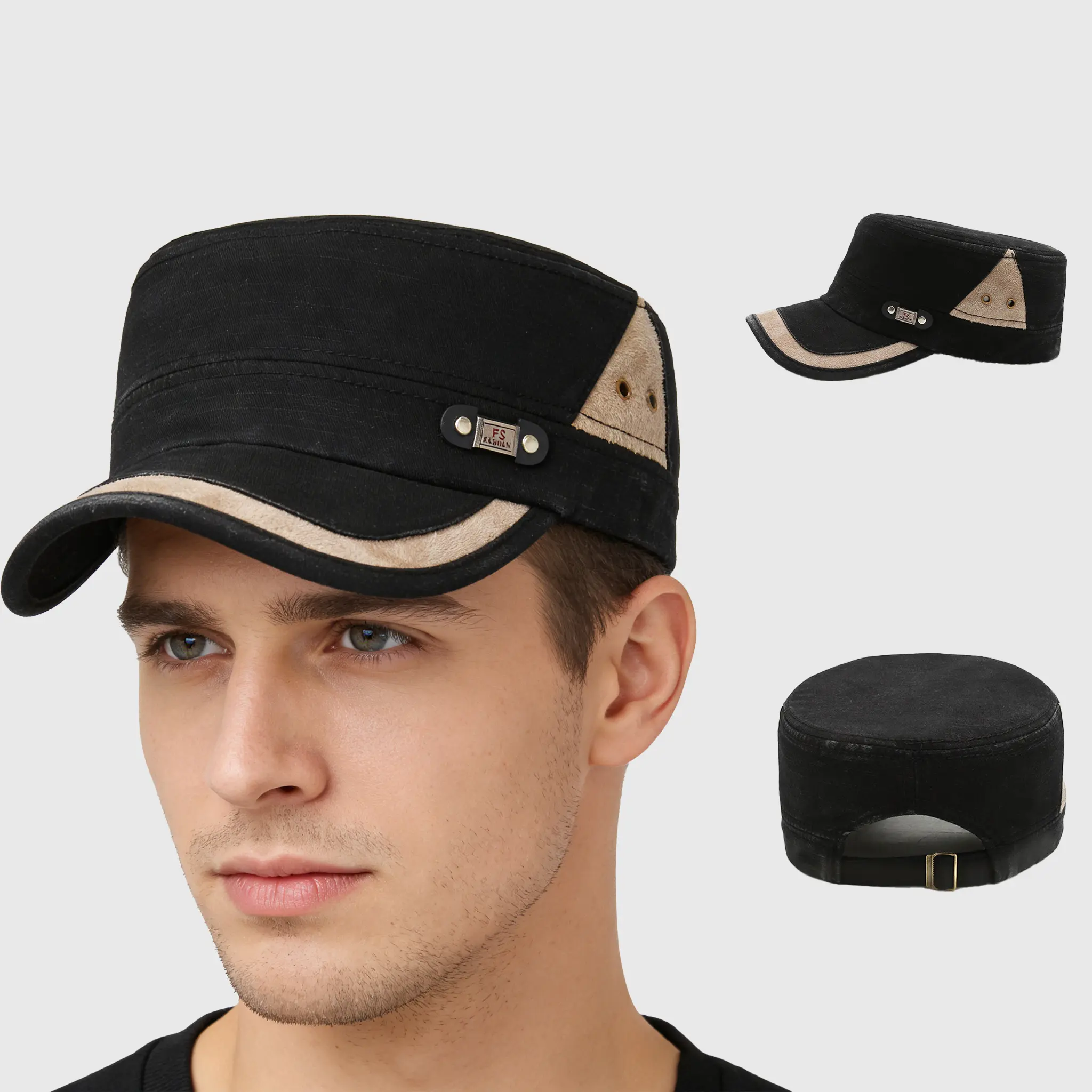 Casual flat-top hat for men, youth military cap, spring and autumn outing outdoor casual sun hat, versatile men's short-brim hat