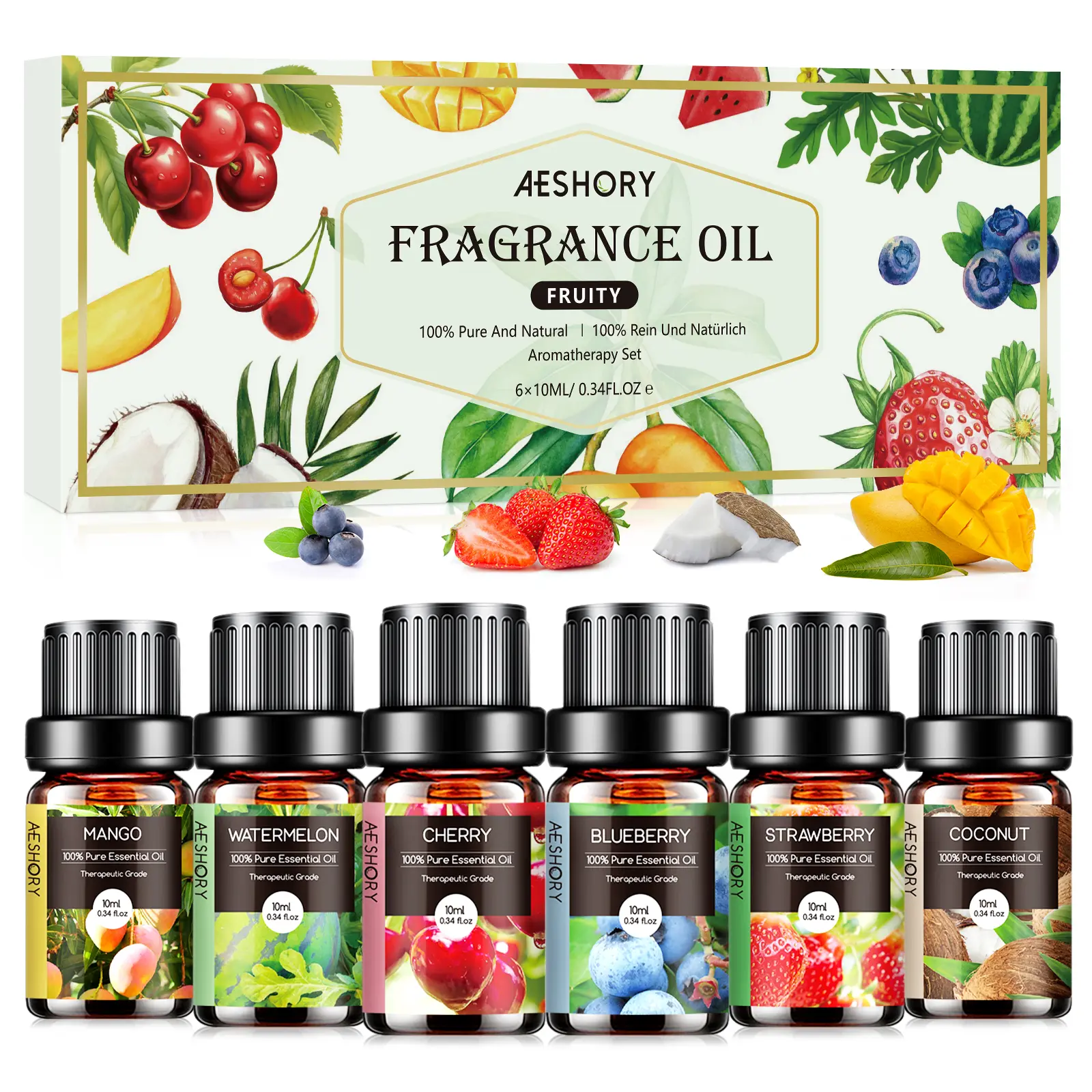 Fruity Essential Oils Set - 6x10ML Fruit Fragrance Oil for Diffuser, Aromatherapy, Candle Making - Strawberry, Cherry, Blueberry, Mango, Coconut, Watermelon Scented Oil