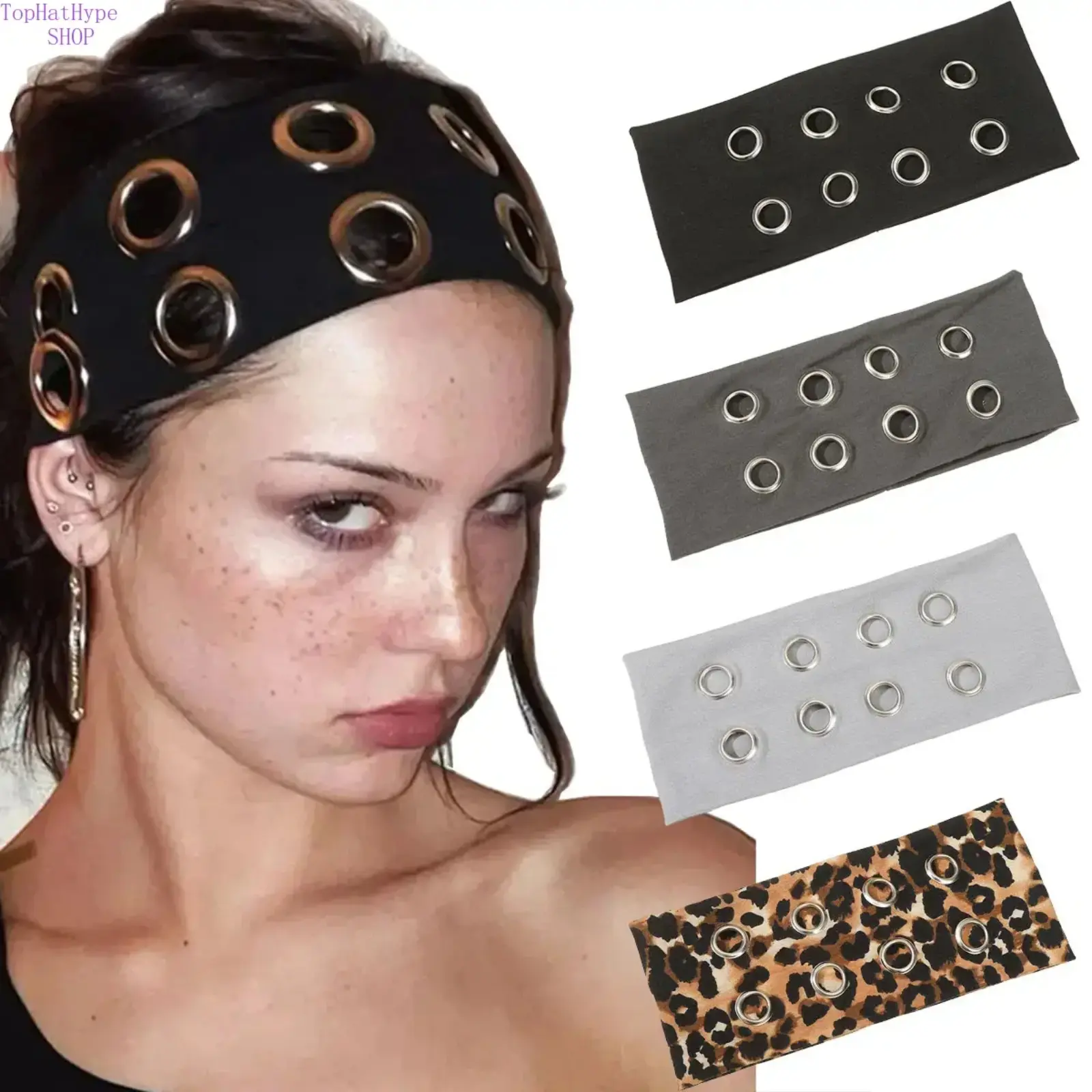 Women’s Wide Elastic Grommet Headband, Y2K Punk Metal Eyelet Hairband, Non-Slip Stretchy Hair Accessories for Grunge Outfits & 90s Aesthetic