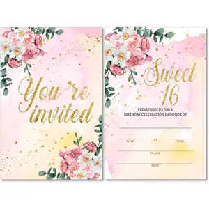 Floral Gold Foil Sweet Sixteen Birthday Party Invitations with Envelopes Set of 20 Gold Glitter Pink Flowers Sweet 16 16th Birthday Party Invites
