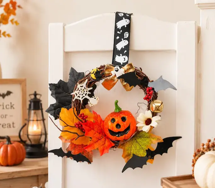 Whimsical Spooky Season Ceramic Halloween Wreath - Trick-or-Treat Pumpkin with Ghost-Bat Accents, Spooky Fall Home Decoration for Door, Garden Outdoor Ornament Backdrop Hanger