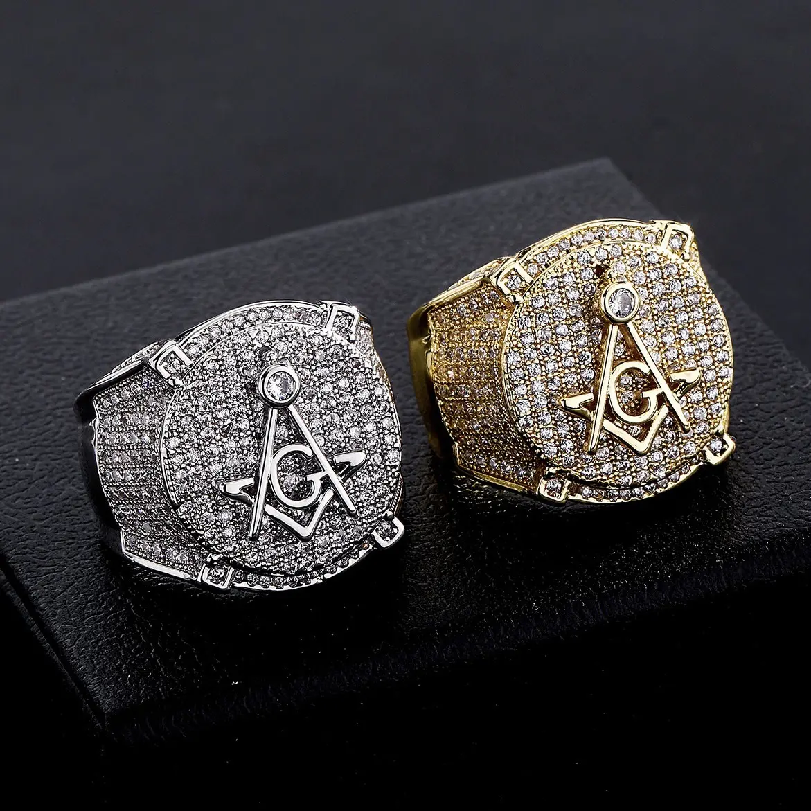 Iced Out Masonic Freemason Ring for Men Women, 18K Gold Plated Hip Hop Signet Ring, Bling Cubic AAAAAZirconia G Compass Square Statement Jewelry, Retro Streetwear Accessories