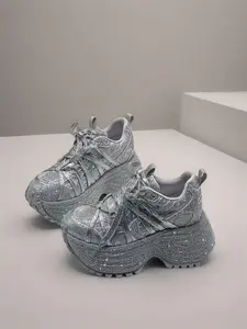 Rhinestone Thick Sole Dad Sneakers, Height-Boosting Wedge Casual Sports Shoes for Women, Fashionable Luxury Thick Sole Leisure Shoes, Chunky Sneaker, Chunky Trainers, Thick Soled Sneakers, Platform Shoes Sneaker
