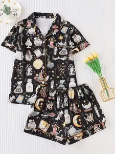 Women's Two-Piece Pajama Set, Soft Casual Pajamas, Casual Comfortable Lapel Pocket Shirt Short Sleeve + Elastic Waist Shorts, All-Over Print Sleepwear