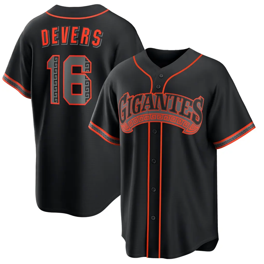 2026 Black Baseball Uniform Shirt Devers 16 Orange Accents, Border Pattern Details
