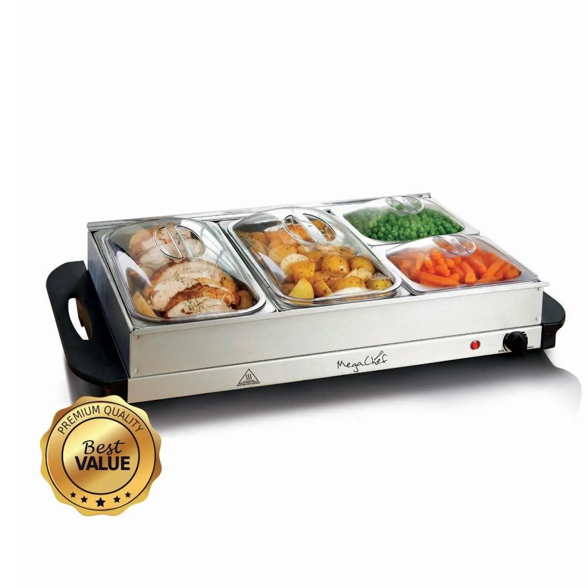 212 MAIN MegaChef Buffet Server & Food Warmer, Rust-Resistant Stainless Steel Kitchen Appliance with 4 Removable Sectional Large Capacity Containers, Variable Heat Setting, Removable Frame, Lightweight Portable for Outdoor Use