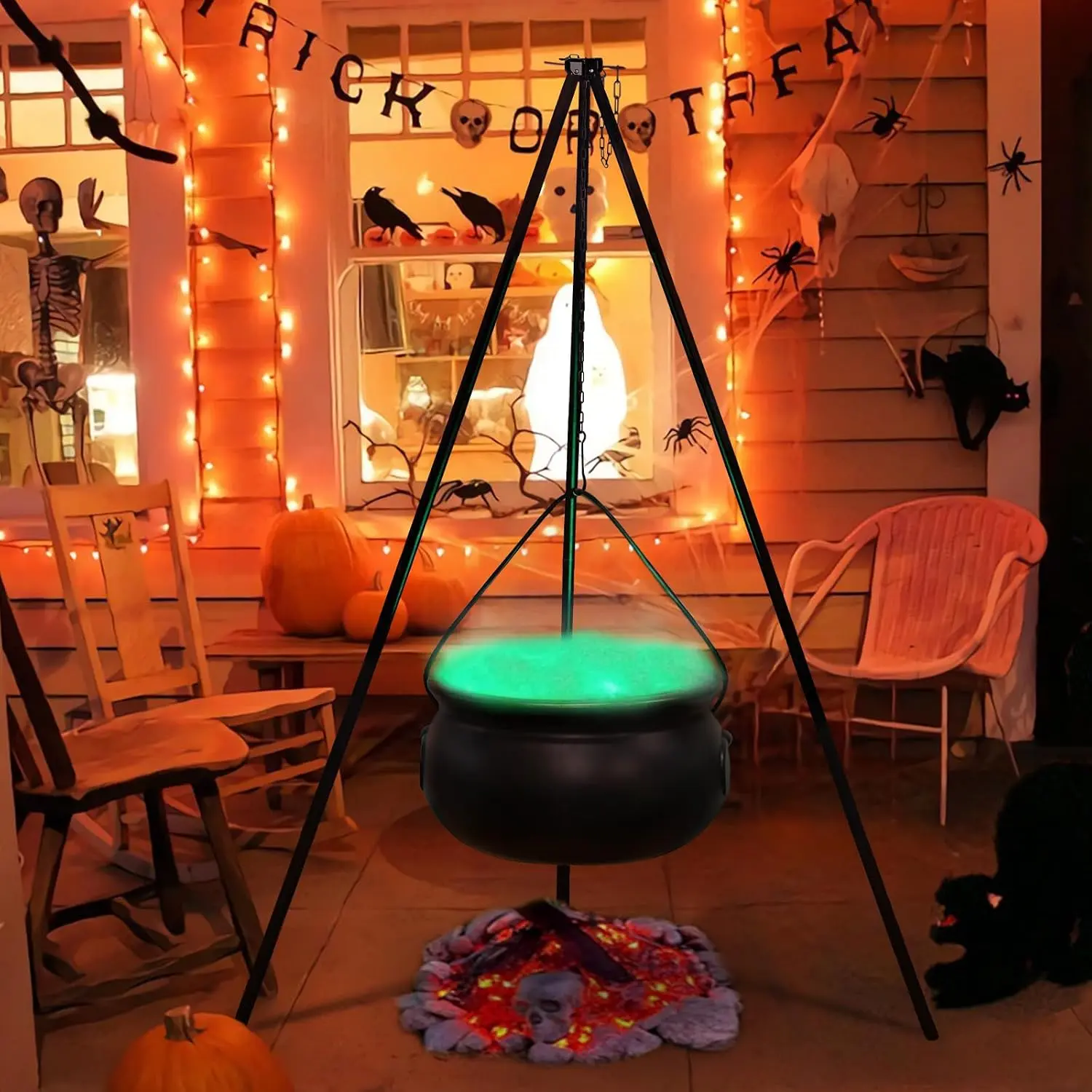 54" Tripod Stand Large Black Plastic Witch's Cauldron Decor - Lighted Witchcraft Halloween Aesthetic Candy Bucket, Indoor Home, Outdoor Porch Party Decor Supplies