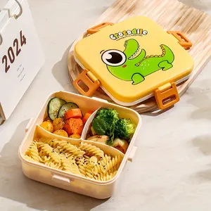 Crocodile Pattern Divided Portable Lunch Box for Students & Office Workers Microwave Safe Reheatable Cute Cartoon Design Plastic Insulated Lunch Box Square Shape Manual Operation No Power Needed Back to School Tableware