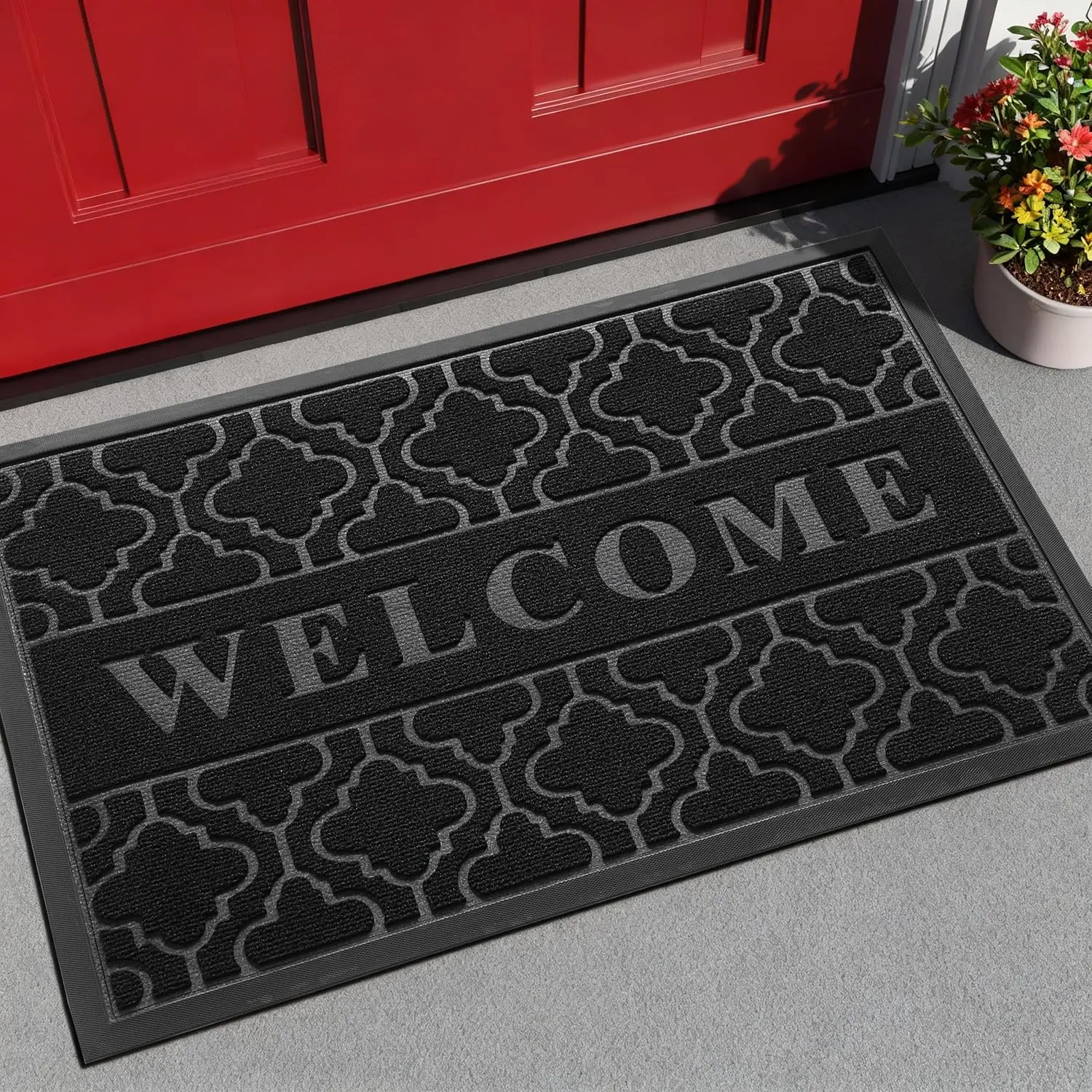 Welcome Mat Outdoor Indoor, All-Weather Waterproof Front Door Mat Outside Entrance, Non-Slip Low Profile Porch Patio Doormat, 29.5x17, Black