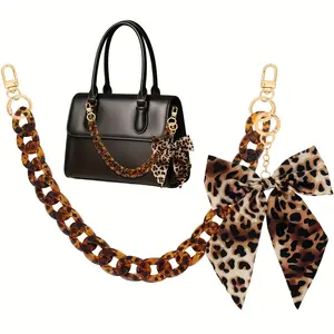 Leopard Print Purse Chain Strap with Bow Keychain Charm |   17.7" Acrylic Handbag Accessory, Golden-Tone Connectors, Detachable/Attachable Strap for Women'S Totes, Purses, Wallets - Brown/Black/White Leopard Spot Bag Decoration, Wallet Making