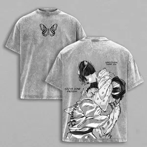 Akaza vs Koyuki Demon Slayer Kimetsu no Yaiba T-Shirt Menswear Top Heavy Cotton Underwear Double Printed Vintage Washed Tee Oversize Unisex Anime Manga Streetwear Retro Graphic Tee Gift for Fans