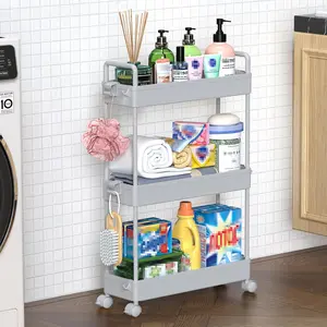 Slim Rolling Storage Cart with Wheels 3 Tier Skinny Bathroom Storage Organizer Thin Laundry Room Utility Cart Space-Saving for Bedside Kitchen Office Small Narrow Places, Gray
