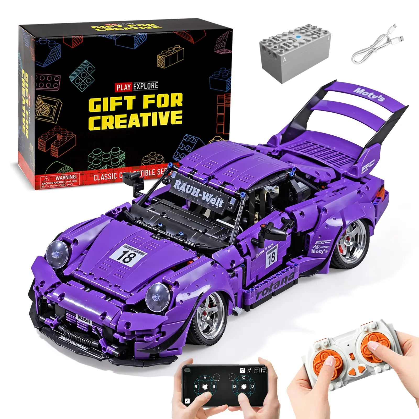 New 2088PCS 993 Turbo Purple Storm Dynamic RC Technic Building Blocks, Classic Retro Sports Model Car Bricks for Adult Teens Collectors & Gifts