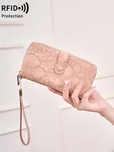 Women's Long Rfid Wristlet Wallet, Elegant Floral Handbag, Vintage Embossed Lady Purse, Multi-Function Card Slot, Coin Holder, Gift for Valentine's Day