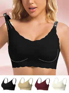 1pc Plus Size Wireless Rhinestone Decor Milk Silk Brassiere Womenswear Basic Crewneck Crystal Minimalist Red seamless bra