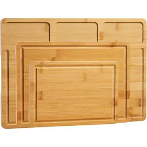 Natural Bamboo Cutting Board Set for Kitchen, 3-Piece Kitchen Chopping Boards with Deep Juice Grooves, Built-In Handles & Compartments, Ideal for Meat, Vegetables, Fruit & Cheese