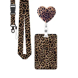 Leopard Heart ID Badge Holder Set, Removable Cardholder, Adjustable Roll-Up Clip, Detachable Name Card Lanyard, Daily Essentials, Nurse Badge Reel, Medical Assistant Office Supplies