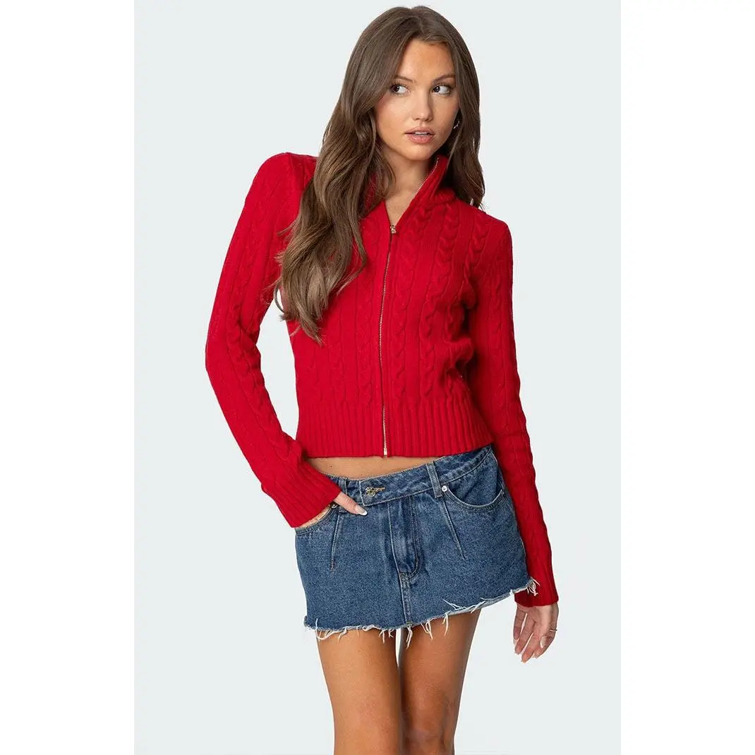 Edikted Women's Ryn Zip Up Cable Knit Cardigan