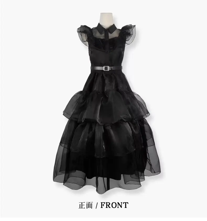 Wednesday Addams Cosplay Dress Black Tiered Ruffle Tulle Dress with Belt Gothic Halloween Party Costume for Women