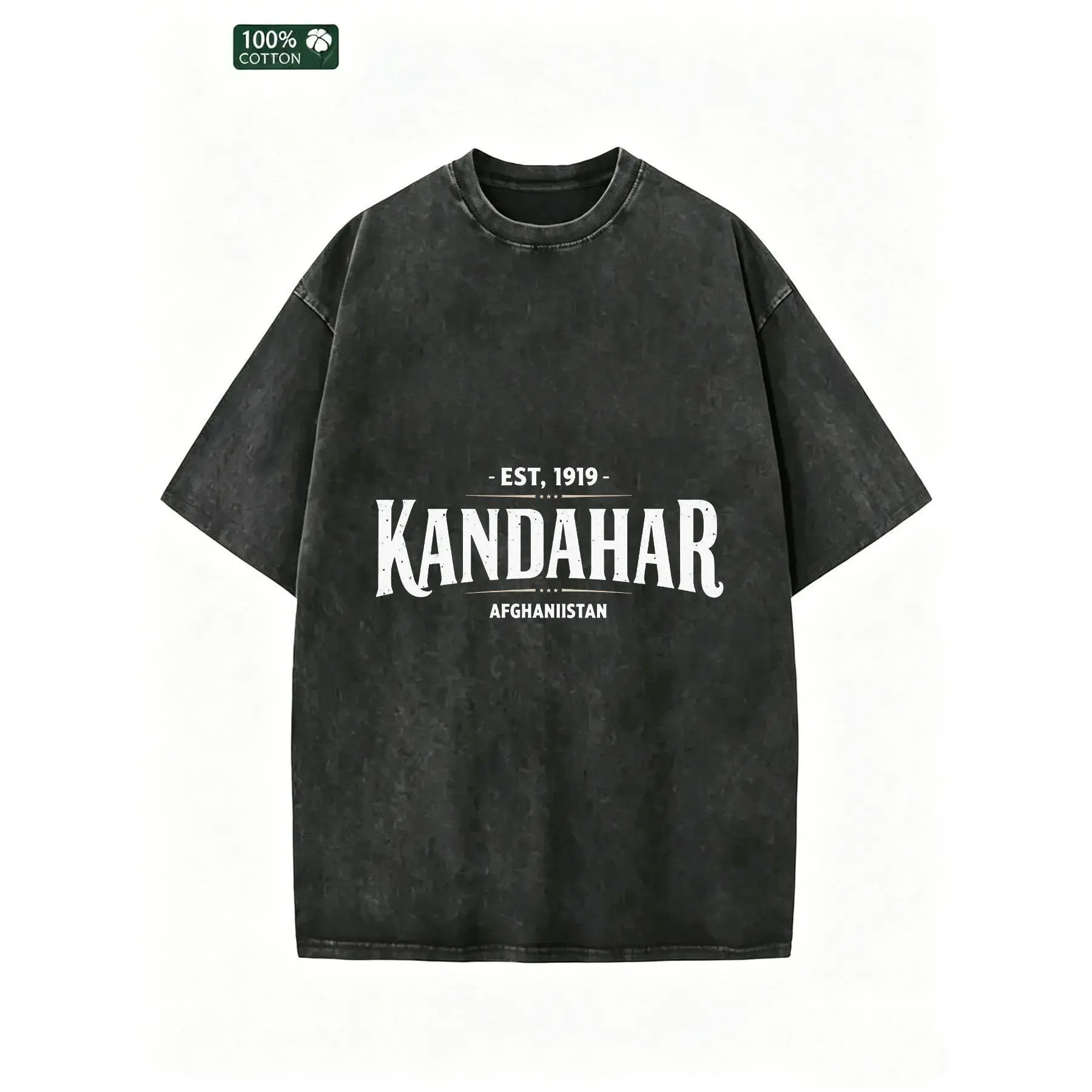 Men's Kandahar Afghanistan Vintage Washed 100% Cotton Breathable Short-Sleeve Graphic T-Shirt - Oversized Relaxed-Fit Faded Black Crew Neck Garment, Streetwear Summer Casual Top, Gift for Men (Pair with Cargo Sweatpants), Shortsleeve, Print