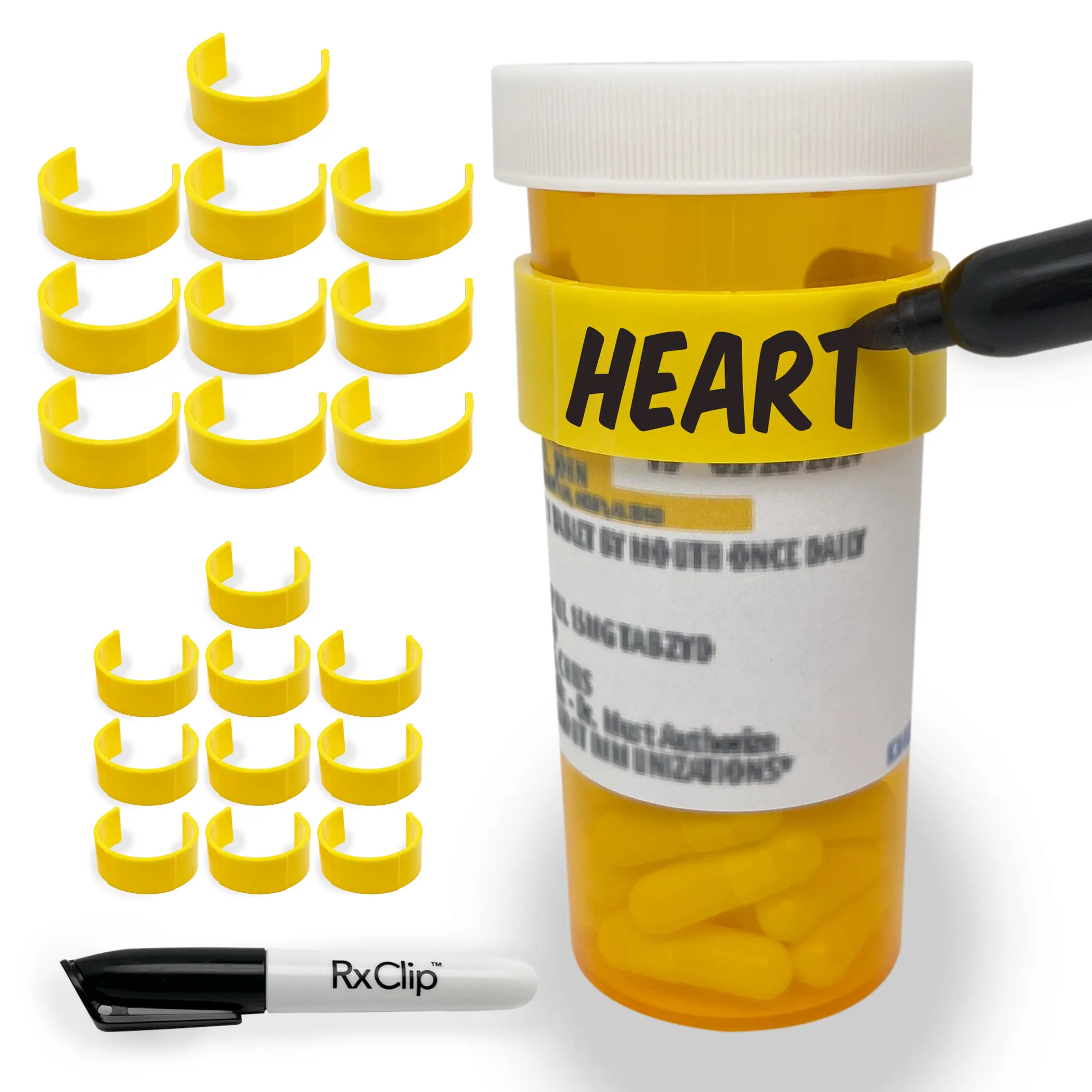 RxClip 20 Pack Medicine Bottle Label Clips for Easy Medication Identification - 20ct Multipack with Marker and Wipes