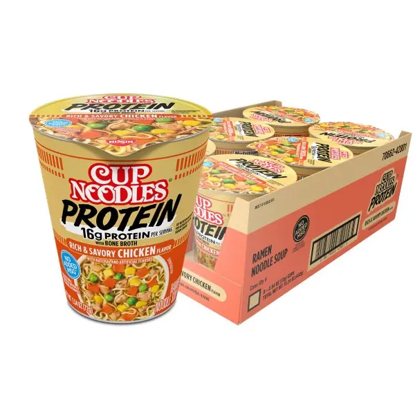 Nissin High-Protein Ambient Instant Ramen Cups - Chicken Flavor Bone Broth, 16g Protein, 2.54oz Halal Asian Noodles, Cup Packaging, On-the-Go Dining Quick Meals (Pack of 6)