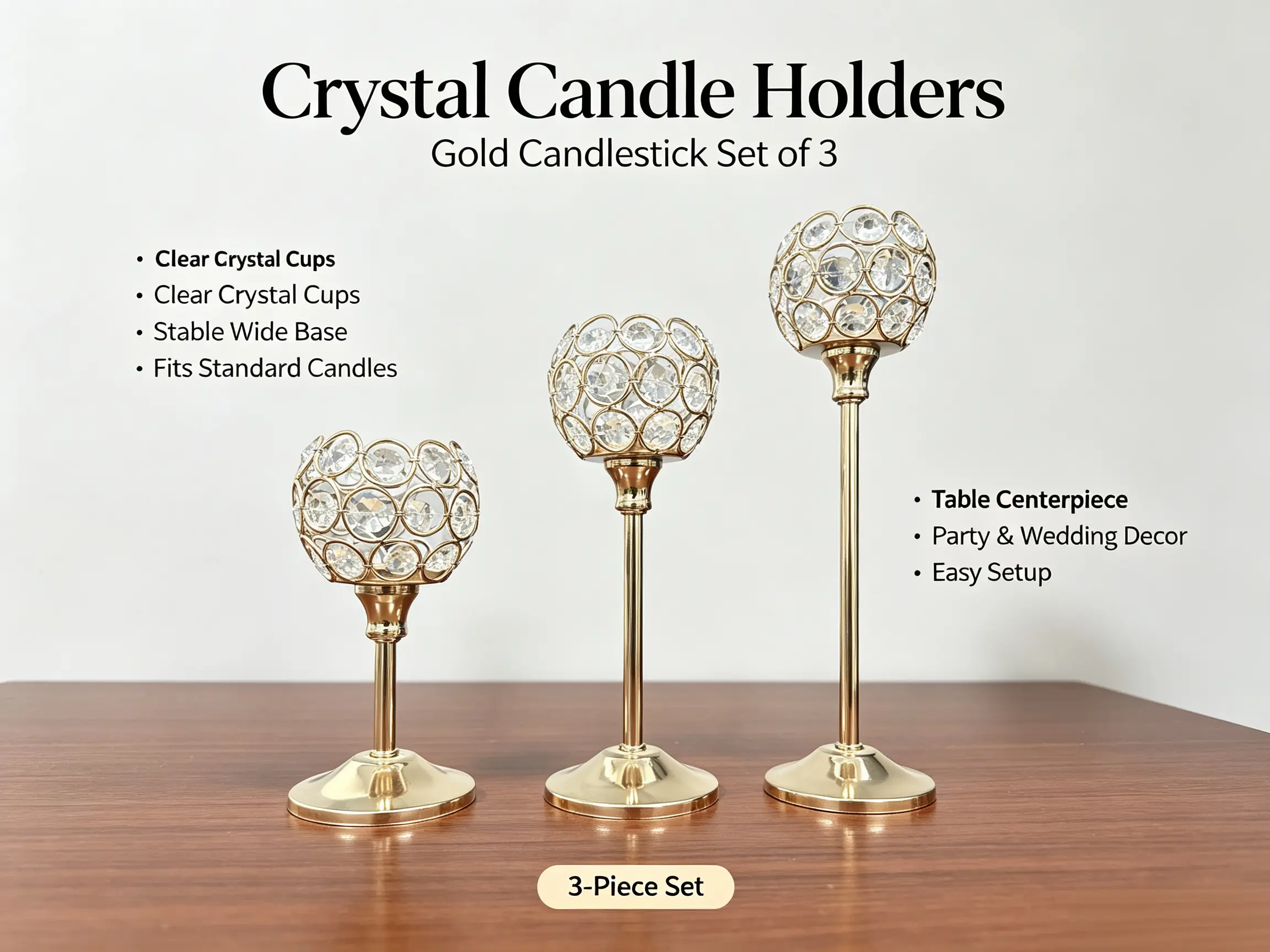 Gold, silver, crystal candle holder set (set of 3), tall metal candle holders for centerpieces, crystal ball tea light candle holder, wedding table decorations, bridal shower, engagement party, birthday party, party table centerpieces, luxurious tableware