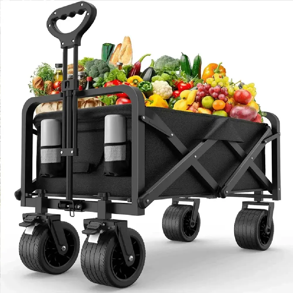 Heavy Duty Double-Decker Foldable Wagon Cart Trolley - 440 lbs Capacity, Flexible Handle, All-Terrain Wheels, Brakes, Cup Holders, Portable Collapsible Design for Outdoor Garden, Grocery (Home Improvement Building Supplies Heavy Duty Folding Trollies)