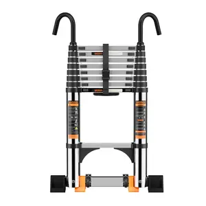 Telescopic Ladder 5.9M Stainless Steel Thickened High-Strength Loft Ladder with Stabilizer Bar & Detachable Hooks Extendable Portable Folding Ladder for RV & Outdoor Work 19.5FT 5.9M