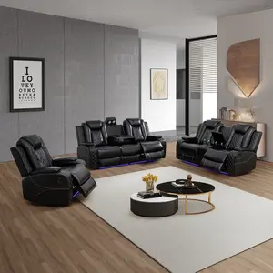 Summervibes Black Breathing Leather 3-Piece Living Room Recliner Sofa Set