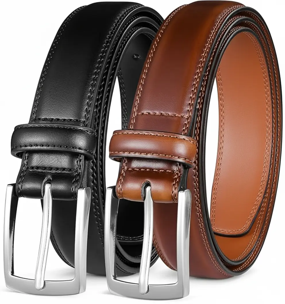 Men's Leather Dress Belt 2Pack, Classic Designs for Work Business and Casual