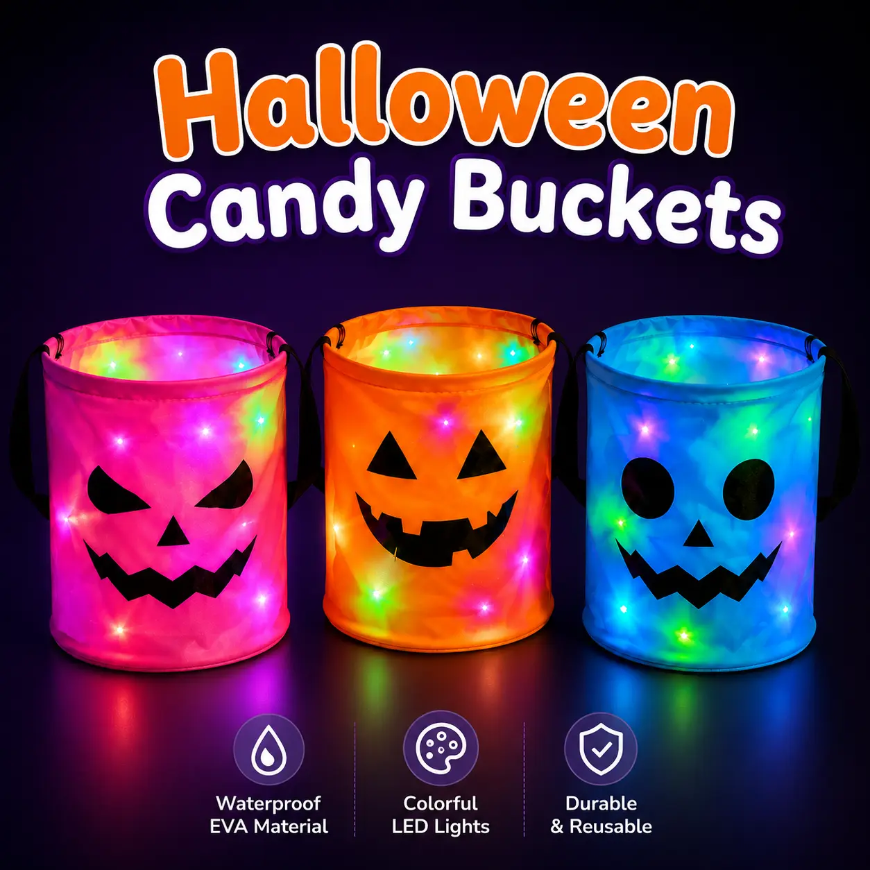 3Pcs LED Light-Up Halloween Trick or Treat Bags - Holiday Candy Carrier, Festive Party Candy Buckets Supplies Gifts for Kids