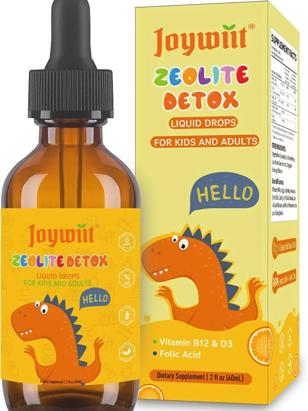 Joywiit Zeolite Detox for Children, Advanced Clinoptilolite Zeolite with Prebiotics, B12, Folate & D3, Natural Detox Drops Cleanse Supplement - Orange Flavor, 60ml