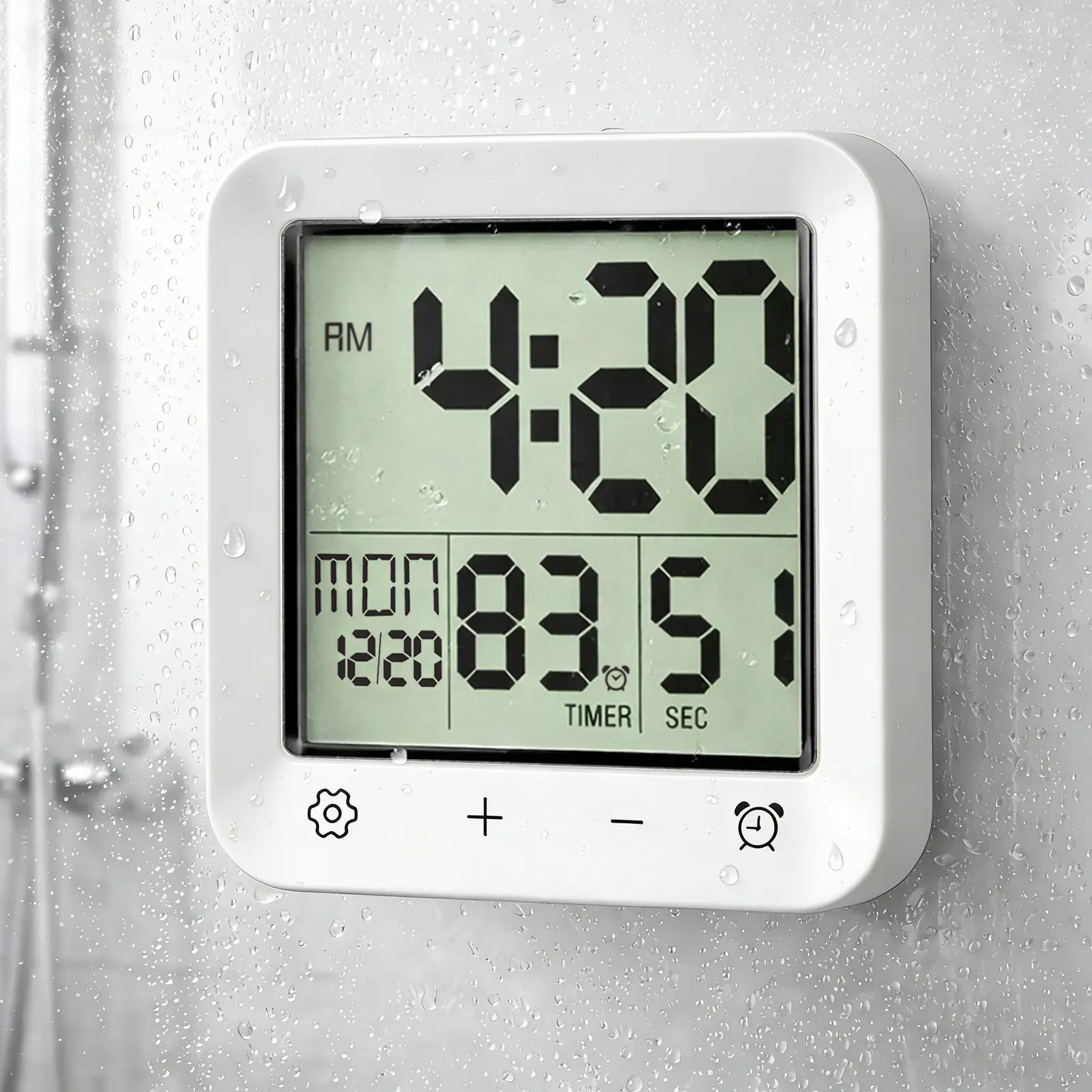 Shower Clock Waterproof, Bathroom Digital Clock with Timer, LCD Display, Touch Screen, Suction Cup, Temp, Seconds, Hanging, Hole Stand, Digital Wall Clocks Battery Operated for Kids and Adults