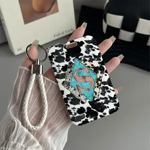 S Diamond Cowprint Pattern Design Plastic Id Card Holder With Lanyard for Doctors, Nurses, Students-Bus Card Case, Campus Card Protector Perfect Halloween Christmas Gift