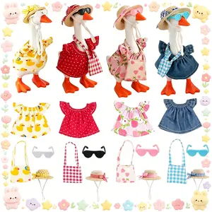 4 Sets 7 Inch Desk Goose Outfit Accessories Summer Mini Goose Clothes Set with Felt Hat, Sunglasses Mini Handbag & Cute T-Shirt Funny Desktop Ornament Dress Up Supplies