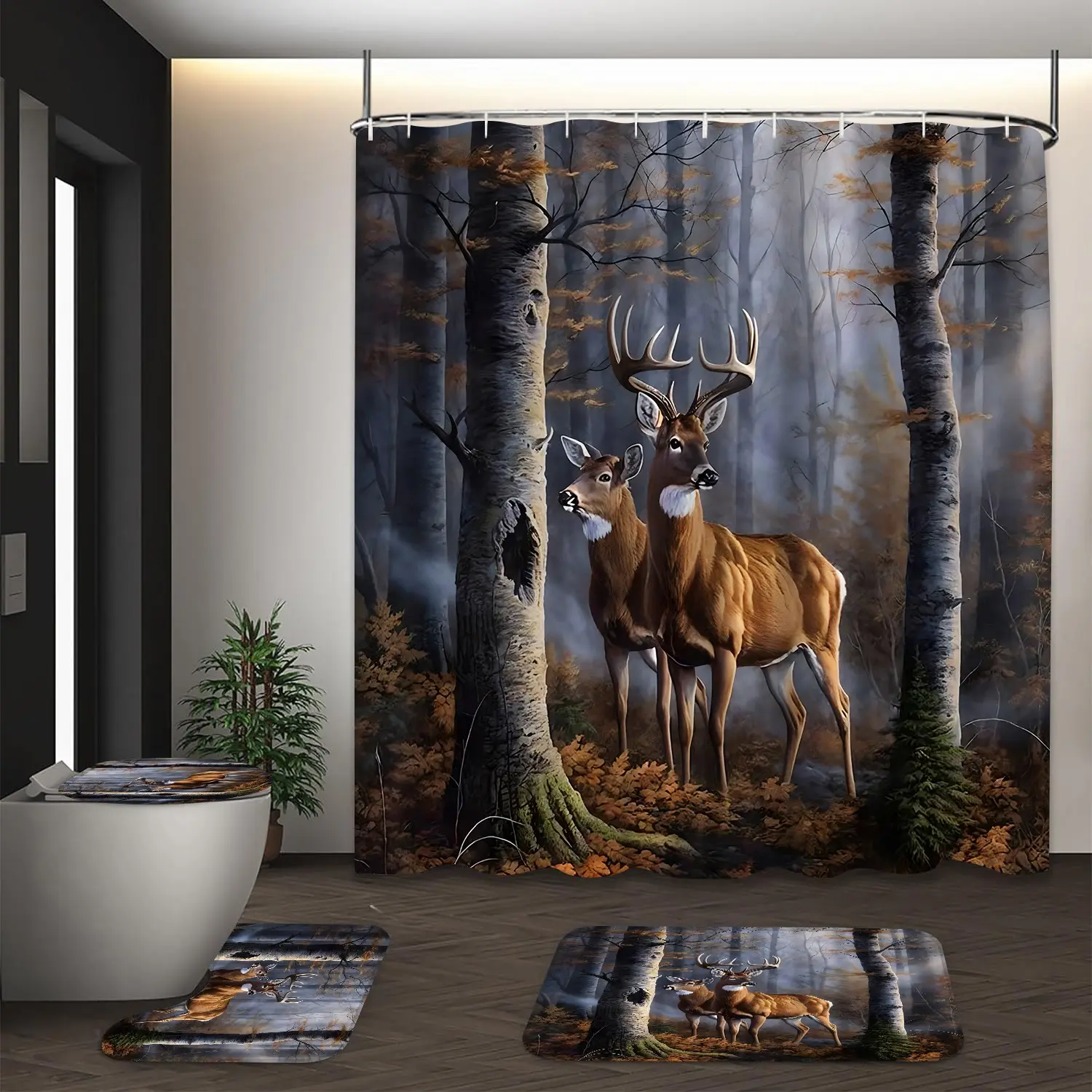 LVRLVR 4Pcs Whitetail Deer Misty Forest Print Wildlife Nature Multi-Color Bathroom Curtain Shower Curtain Set Bathroom Supplies 70.8×70.8 Inch