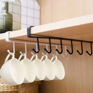 2pcs Mug Hanger Rack, Under Shelf Storage Hooks Organizer Hanging Holder for Cabinet Pantry Kitchen Cupboard Desk Counter Bookshelf Organization Black White