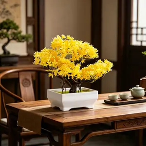 Mini Artificial Bonsai Tree Plants with Plastic Cement Pots for Home Office Décor (Yellow).Sure