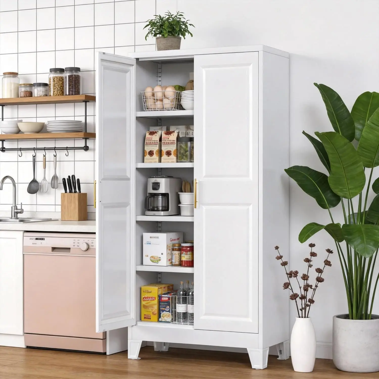 Gangmei 61.4" Tall Metal Kitchen Pantry Storage Cabinets with 2 Door and 3 Adjustable Shelves, Cupboard for Kitchen, Dining Room, Living Room and Bathroom, White