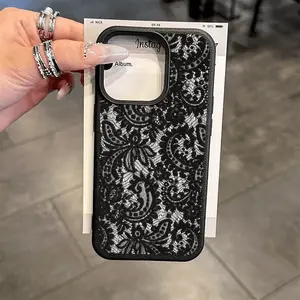 Phone Case - 1pc Black Lace Trendy Pattern Lychee Phone Case for Iphone 17 16 15 14 13 12 11 Promax Air X Xr Xs 8 7 Plus Phone Case
