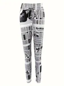 High Waist Retro Newspaper Printed Sports Leggings for Women - Perfect for Running, Yoga, Workout, and Gym - Women's Activewear
