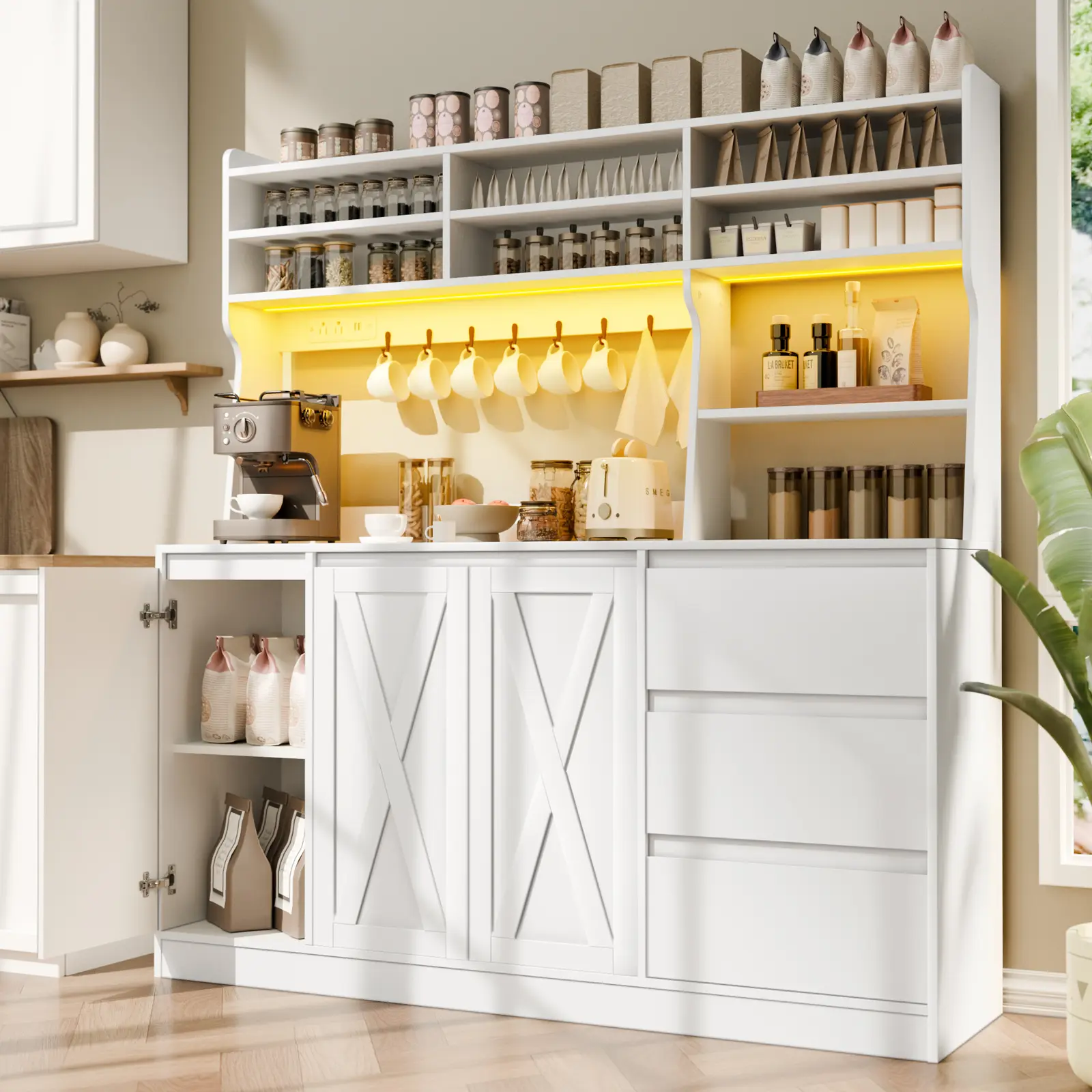 Gyfimoie Buffet Sideboard Cabinet w/Power Outlets & LED Light, Large Kitchen Hutch Cabinet w/3 Drawers, Microwave Stand, Adjustable Shelves & 7 Cup Holders, Pantry Cupboard w/Doors