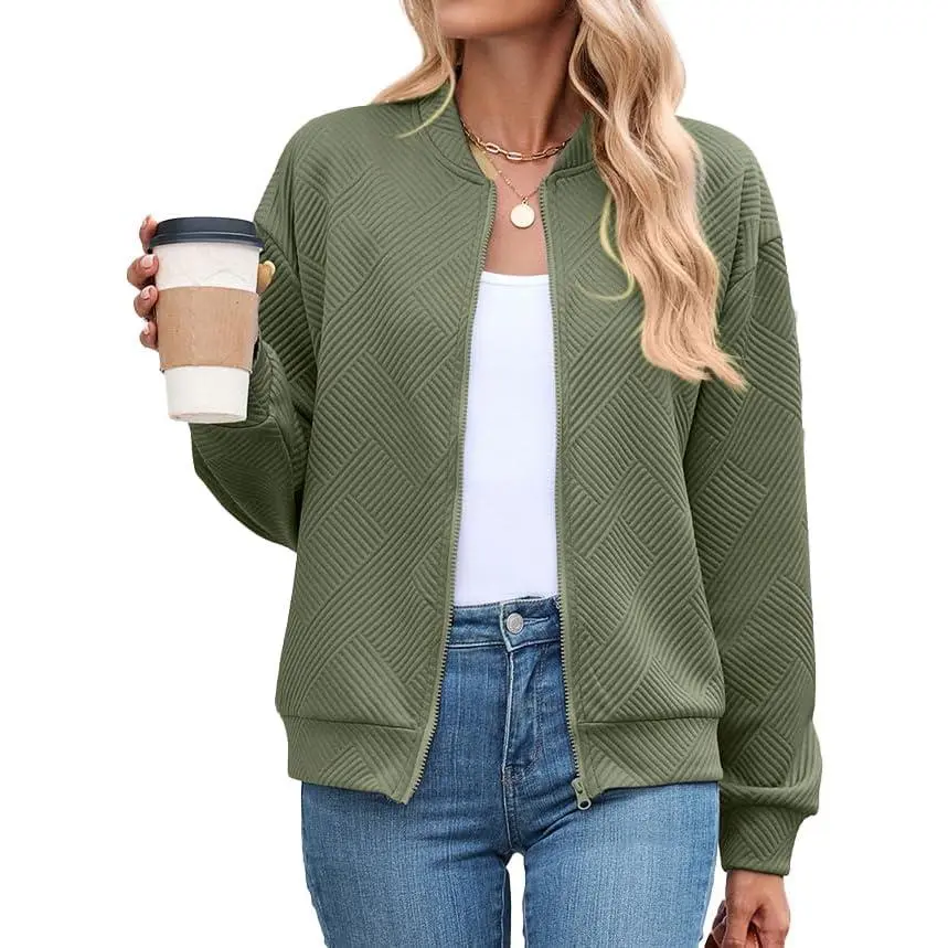 Women's Quilted Bomber Jacket - Loose Oversize Sporty Chic Cool Girl Style Clothes with Full Zip, Stand Collar, Ribbed Cuffs, Geometric Embossing, Lightweight Woven Fabric, High Waisted Layering Outfit Top for Brunch, Outdoors (Styles to Try), Alt Outfits