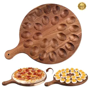 Deviled Egg Platter & Deviled Egg Tray- Acacia Wood Multipurpose 24-Slot Deviled Egg Holder-for Eggs Or Cheese. Holiday Kitchen Utensils Wooden