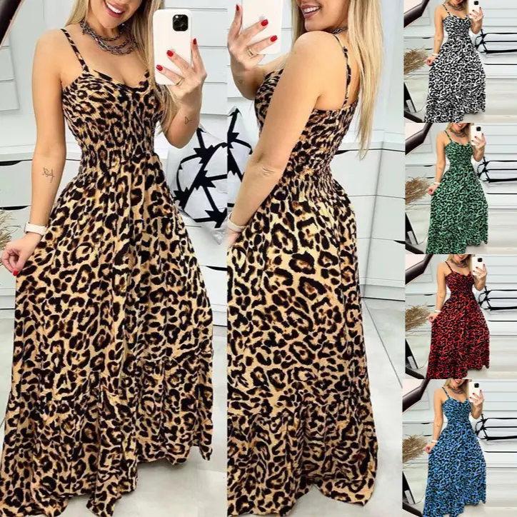 Women's Boho Leopard Print Maxi Dress Smocked V-Neck Summer Sundress