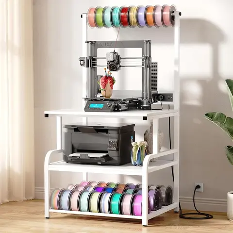 Homieasy Sturdy 3D Printer Stand Filament Storage Rack with Charging Station, Heavy Duty 3D Printer Table with 4-Tier Storage Shelves for PLA, ABS, PETG, Large Rolling Printer Cart with Filament Storage for Office, Workshop, Garage