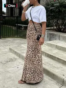 Women's High Waisted Leopard Print Mesh Skirt, Long Plain H-Type Slim-Fitting A-Line Split Design, Versatile Elegant Fashion Bottoms
